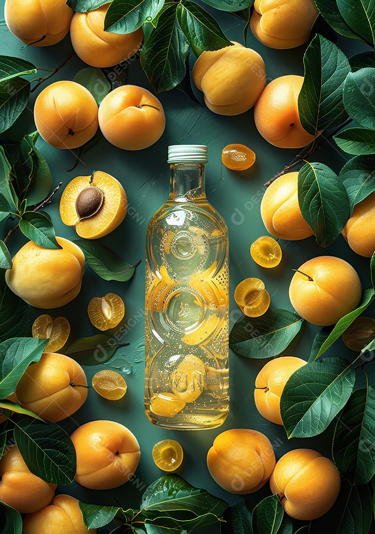 Garrafa de suco natural flutuando com frutas e folhas gelo e respingos