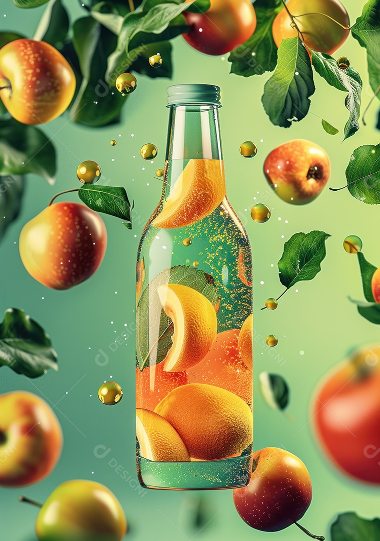 Garrafa de suco natural flutuando com frutas e folhas gelo e respingos