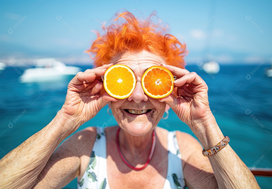 Uma avó de olhos alaranjados se divertindo nas férias de verão