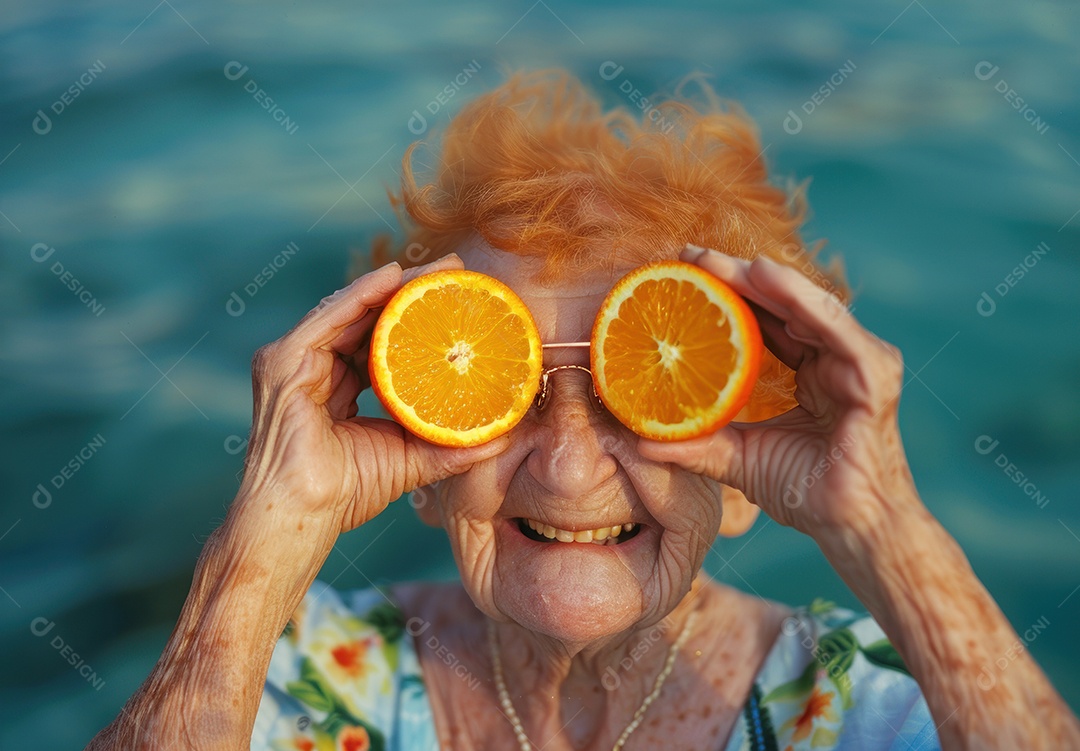 Uma avó de olhos alaranjados se divertindo nas férias de verão