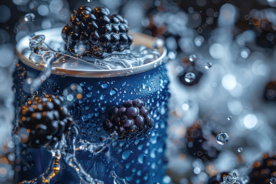 Lata de alumínio com condensação rodeada por frutos silvestres e gotas de água flutuantes