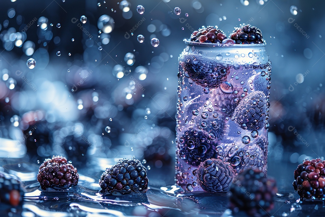 Lata de alumínio com condensação rodeada por frutos silvestres e gotas de água flutuantes