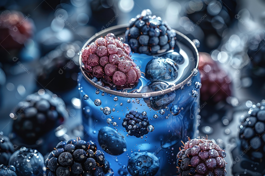 Lata de alumínio com condensação rodeada por frutos silvestres e gotas de água flutuantes