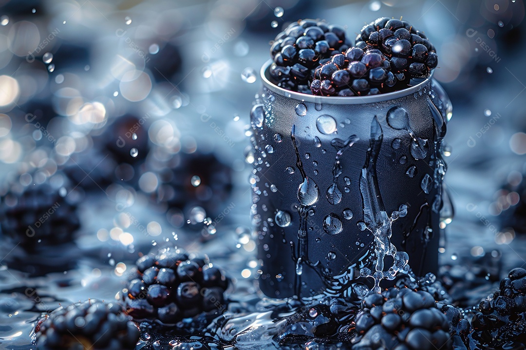 Lata de alumínio com condensação rodeada por frutos silvestres e gotas de água flutuantes