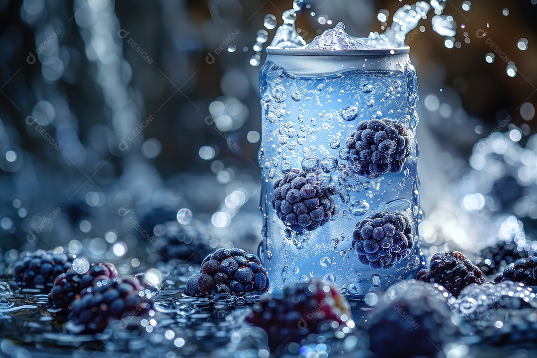 Lata de alumínio com condensação rodeada por frutos silvestres e gotas de água flutuantes