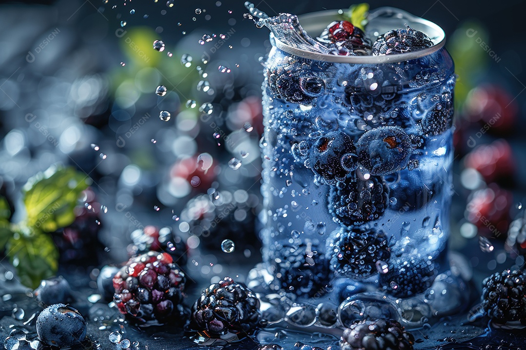 Lata de alumínio com condensação rodeada por frutos silvestres e gotas de água flutuantes