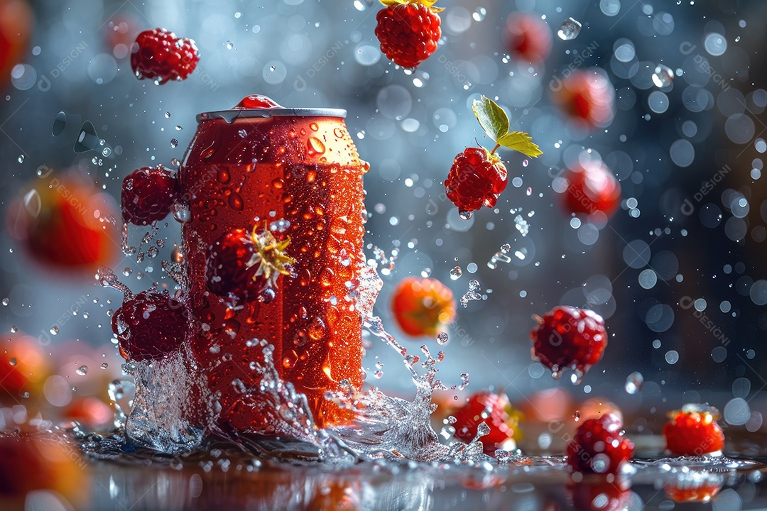 Lata de alumínio com condensação rodeada por frutos silvestres e gotas de água flutuantes