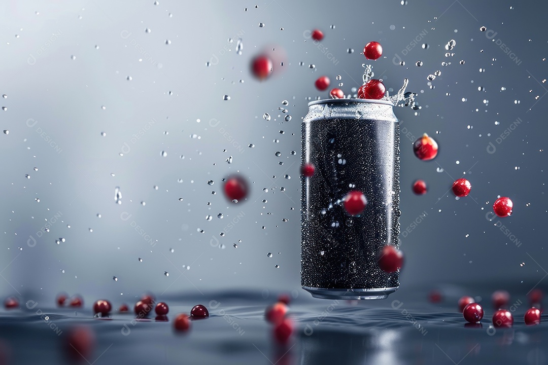 Lata de alumínio com condensação rodeada por frutos silvestres e gotas de água flutuantes