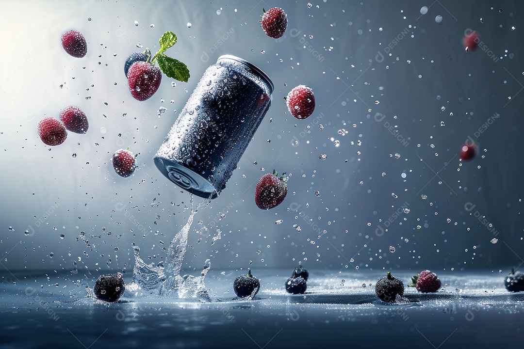 Lata de alumínio com condensação rodeada por frutos silvestres e gotas de água flutuantes