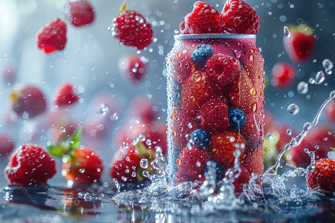 Lata de alumínio com condensação rodeada por frutos silvestres e gotas de água flutuantes