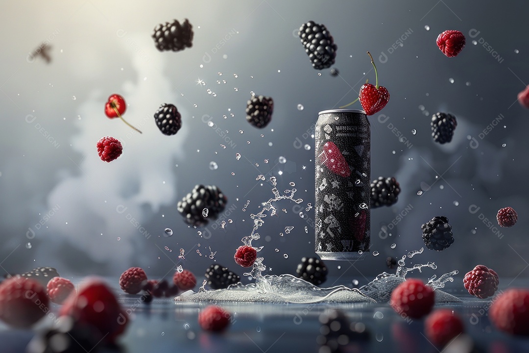 Lata de alumínio com condensação rodeada por frutos silvestres e gotas de água flutuantes
