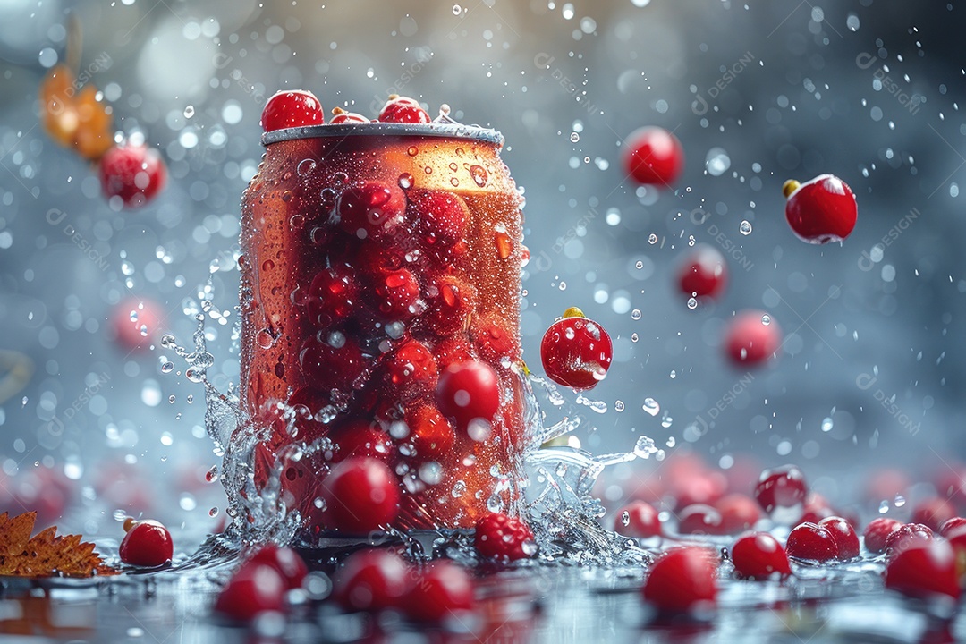 Lata de alumínio com condensação rodeada por frutos silvestres e gotas de água flutuantes