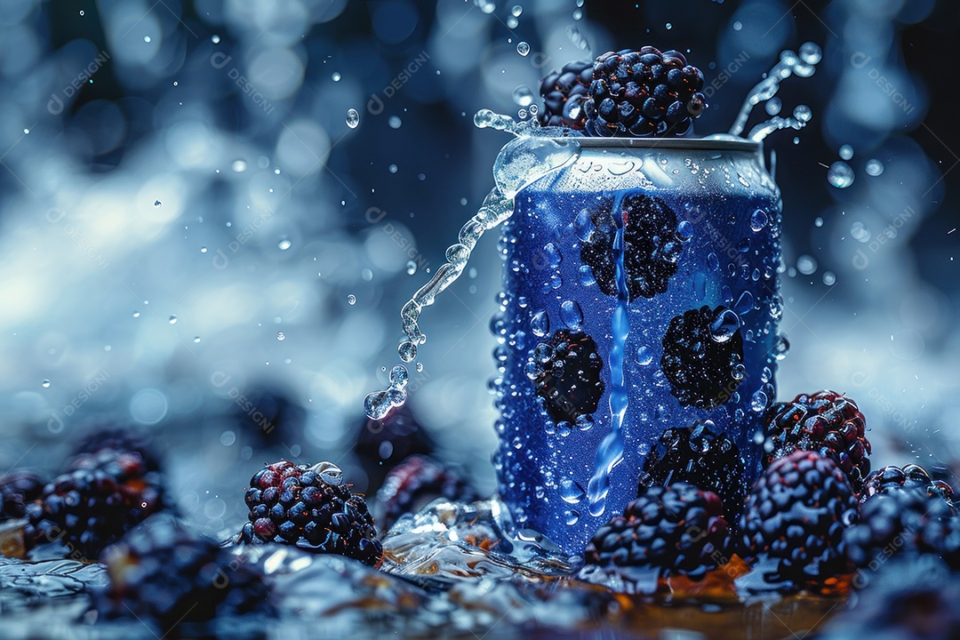 Lata de alumínio com condensação rodeada por frutos silvestres e gotas de água flutuantes