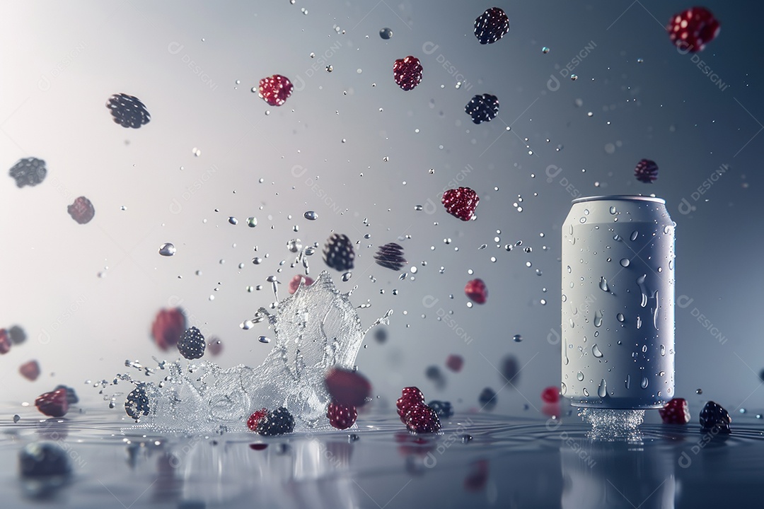 Lata de alumínio com condensação rodeada por frutos silvestres e gotas de água flutuantes