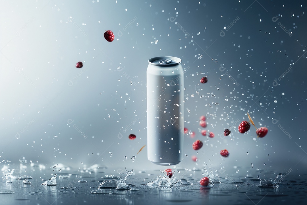Lata de alumínio com condensação rodeada por frutos silvestres e gotas de água flutuantes