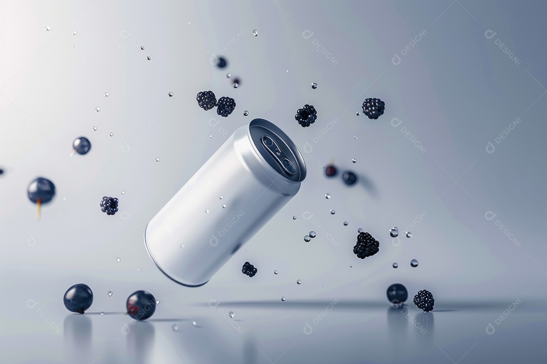 Lata de alumínio com condensação rodeada por frutos silvestres e gotas de água flutuantes