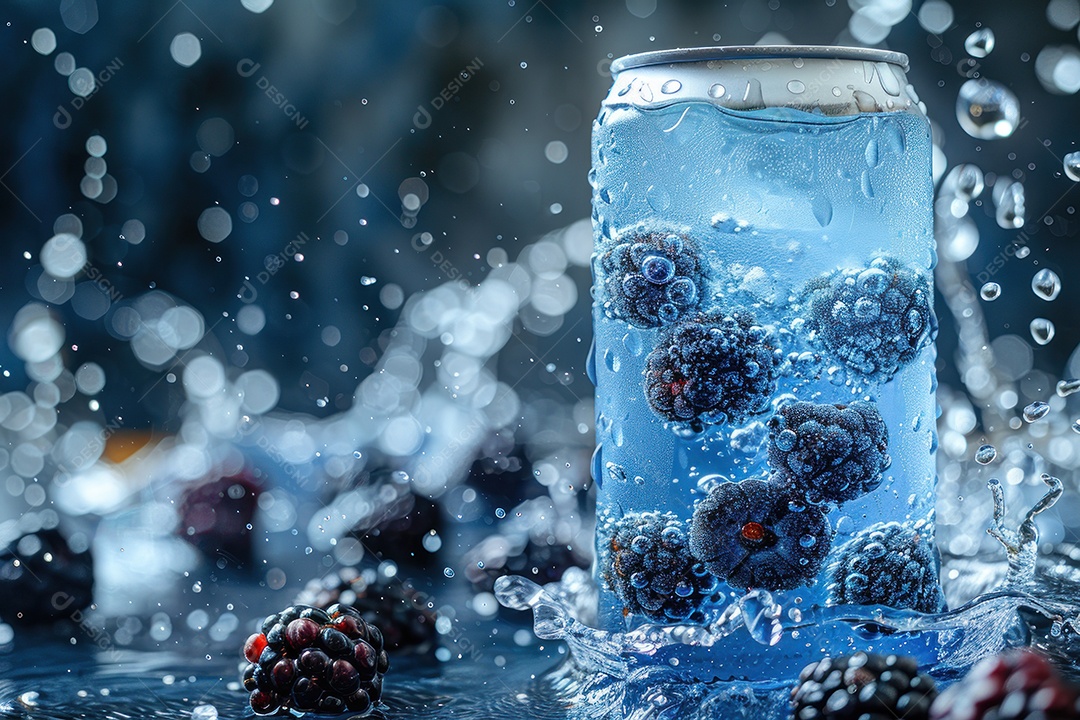 Lata de alumínio com condensação rodeada por frutos silvestres e gotas de água flutuantes