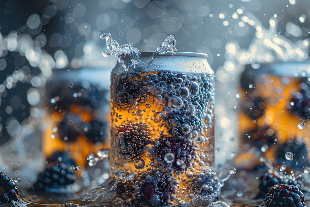 Lata de alumínio com condensação rodeada por frutos silvestres e gotas de água flutuantes