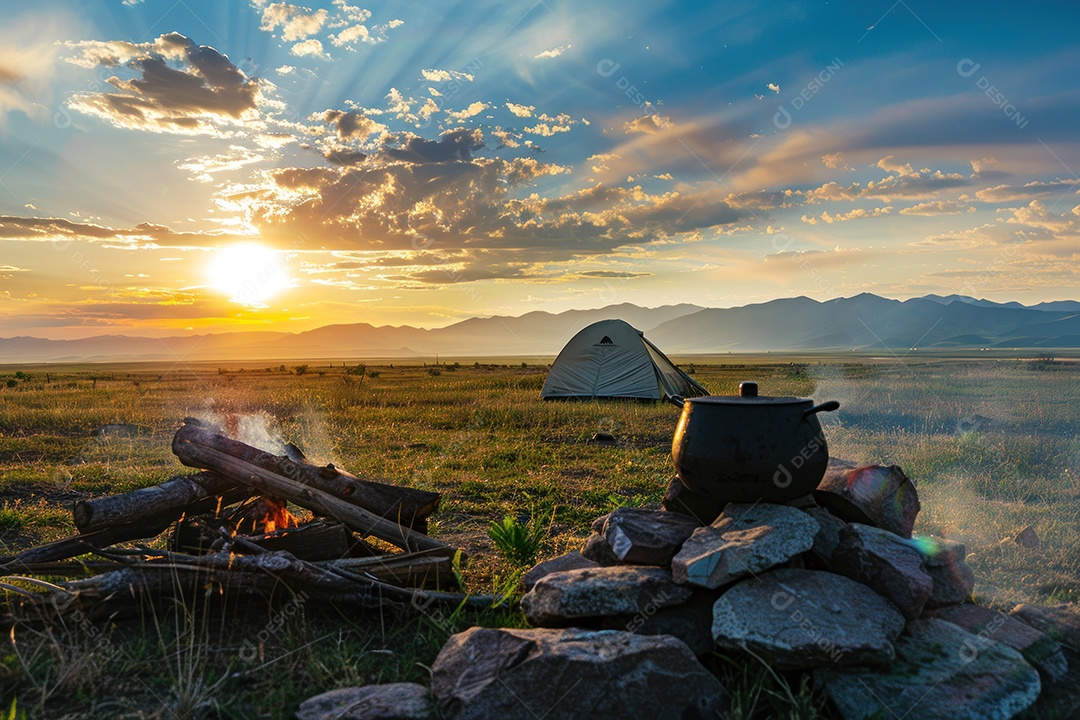 Pôr do sol sobre o lago acampando à beira do lago com uma fogueira