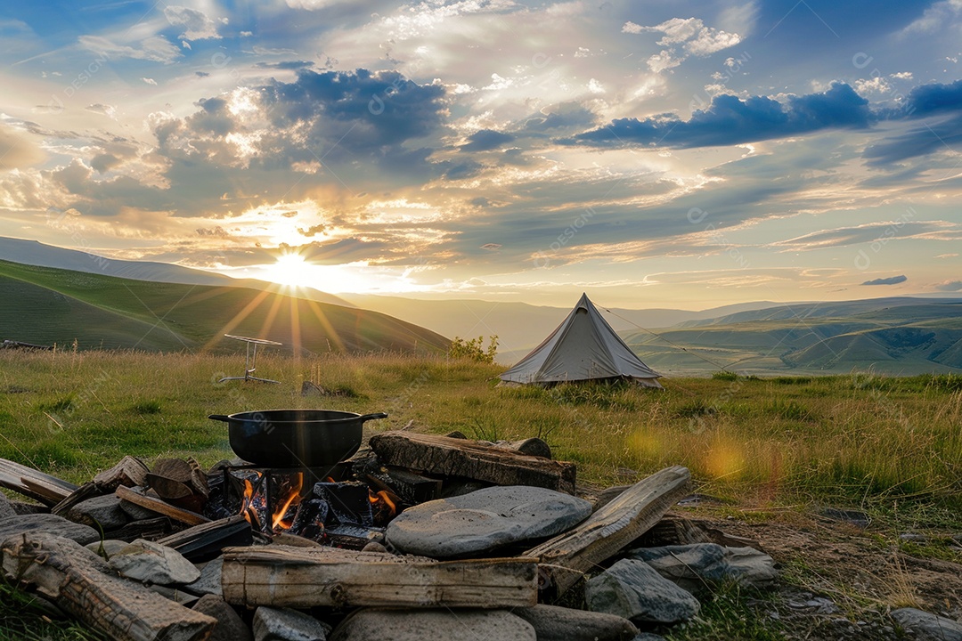 Pôr do sol sobre o lago acampando à beira do lago com uma fogueira