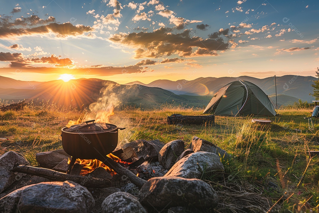 Pôr do sol sobre o lago acampando à beira do lago com uma fogueira