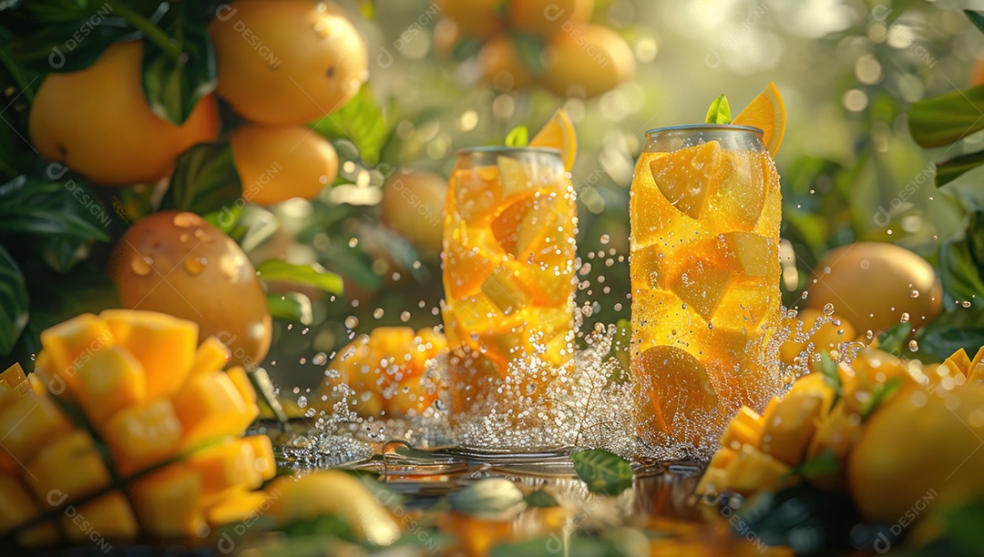 Smoothie de frutas fresco em um copo com fatias de fruta sobre uma mesa de madeira