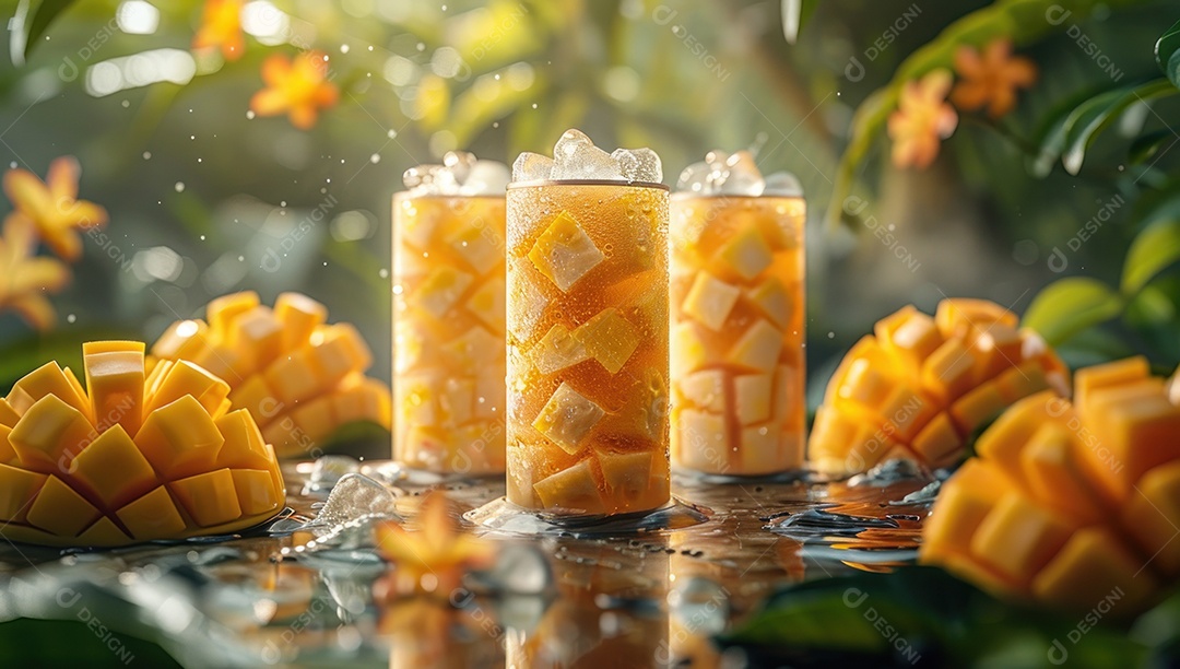 Smoothie de frutas fresco em um copo com fatias de fruta sobre uma mesa de madeira