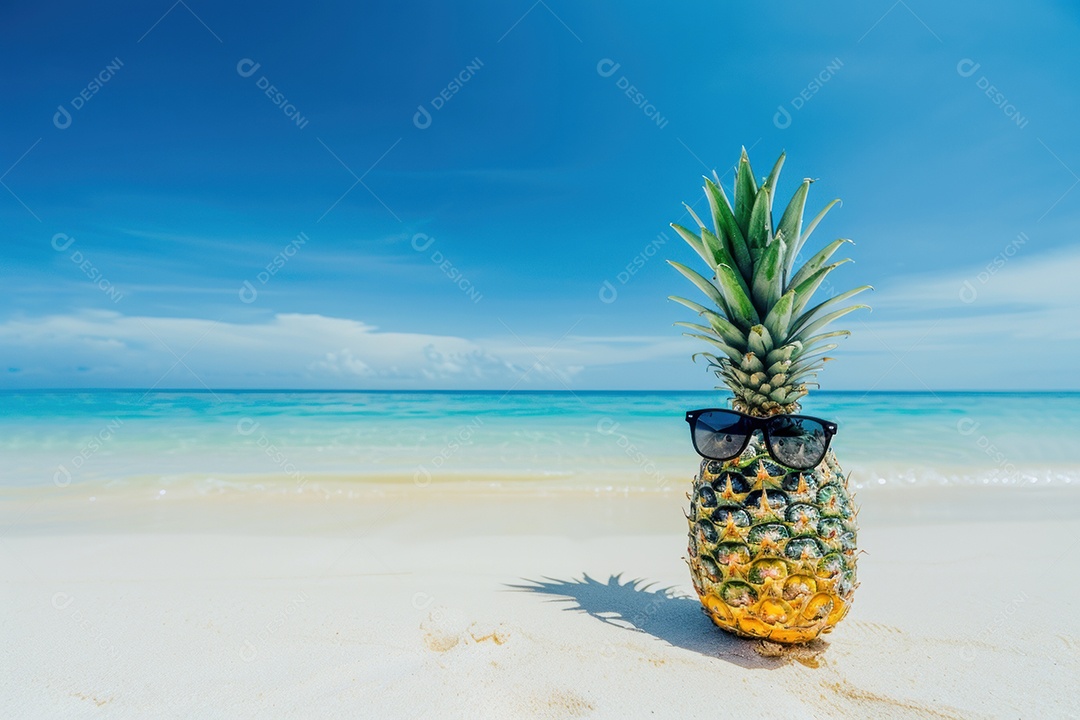Um abacaxi usando óculos de sol na praia de um mar ou oceano tropical com um fundo de água e céu azuis
