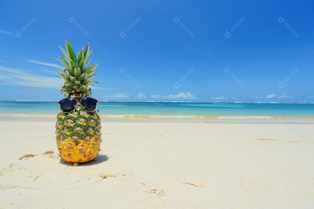 Um abacaxi usando óculos de sol na praia de um mar ou oceano tropical com um fundo de água e céu azuis