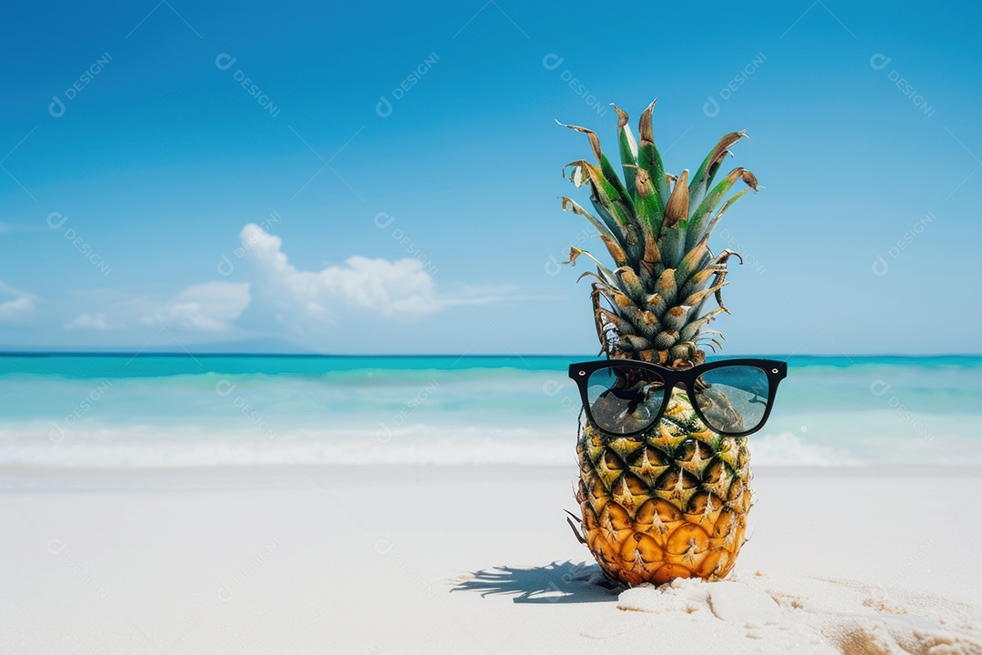 Um abacaxi usando óculos de sol na praia de um mar ou oceano tropical com um fundo de água e céu azuis