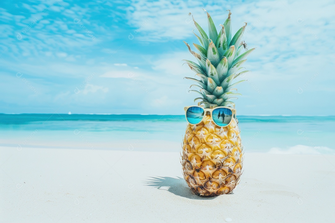 Um abacaxi usando óculos de sol na praia de um mar ou oceano tropical com um fundo de água e céu azuis