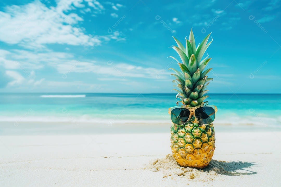 Um abacaxi usando óculos de sol na praia de um mar ou oceano tropical com um fundo de água e céu azuis