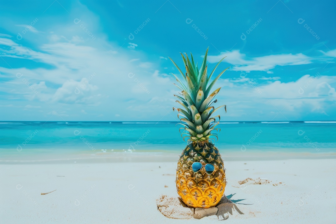 Um abacaxi usando óculos de sol na praia de um mar ou oceano tropical com um fundo de água e céu azuis