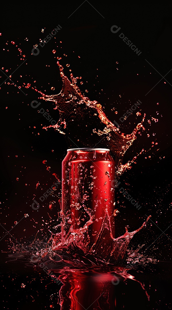 Lata vermelha de refrigerante respingando água vermelha com iluminação luxuosa em fundo preto