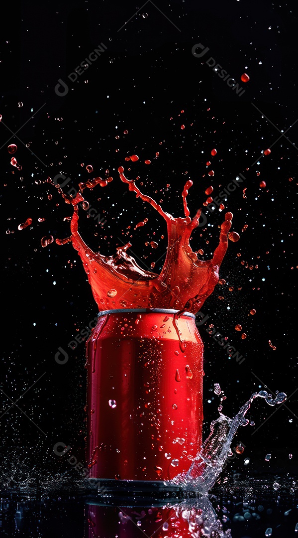 Lata vermelha de refrigerante respingando água vermelha com iluminação luxuosa em fundo preto