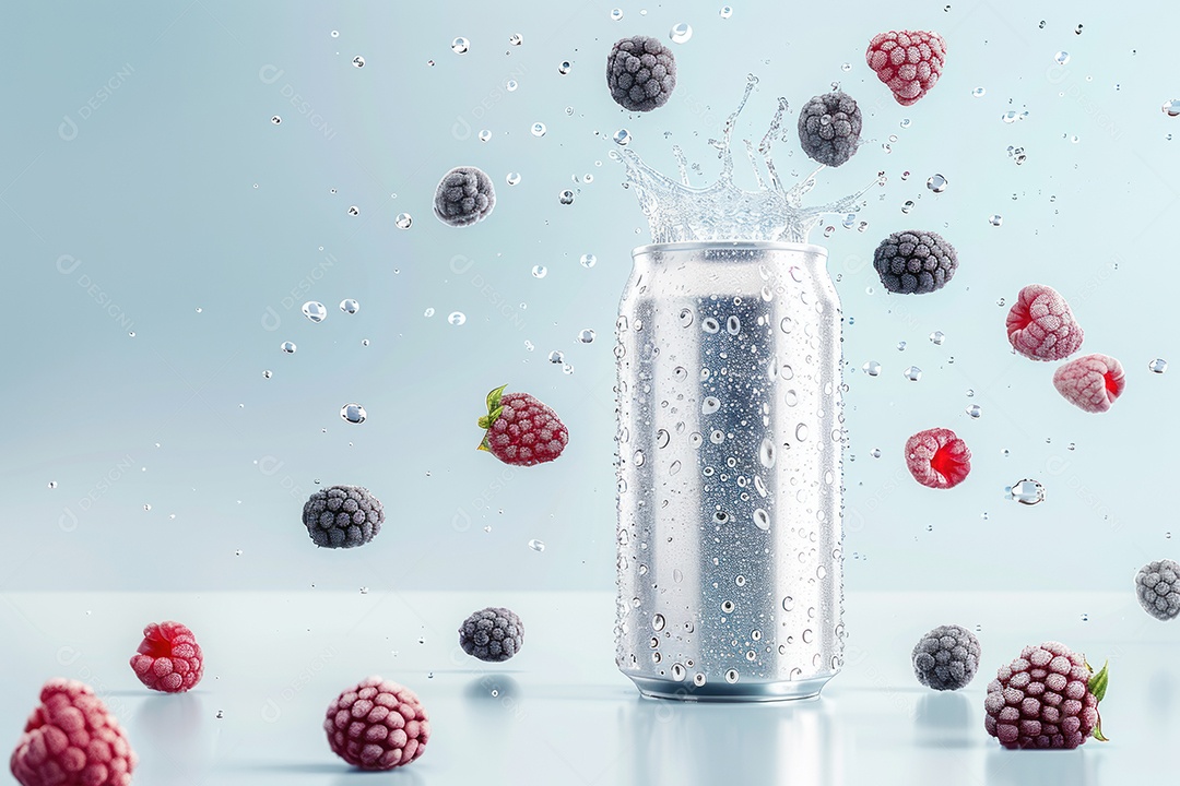 Maquete de uma lata de alumínio de bebida em água transparente com gelo e framboesas