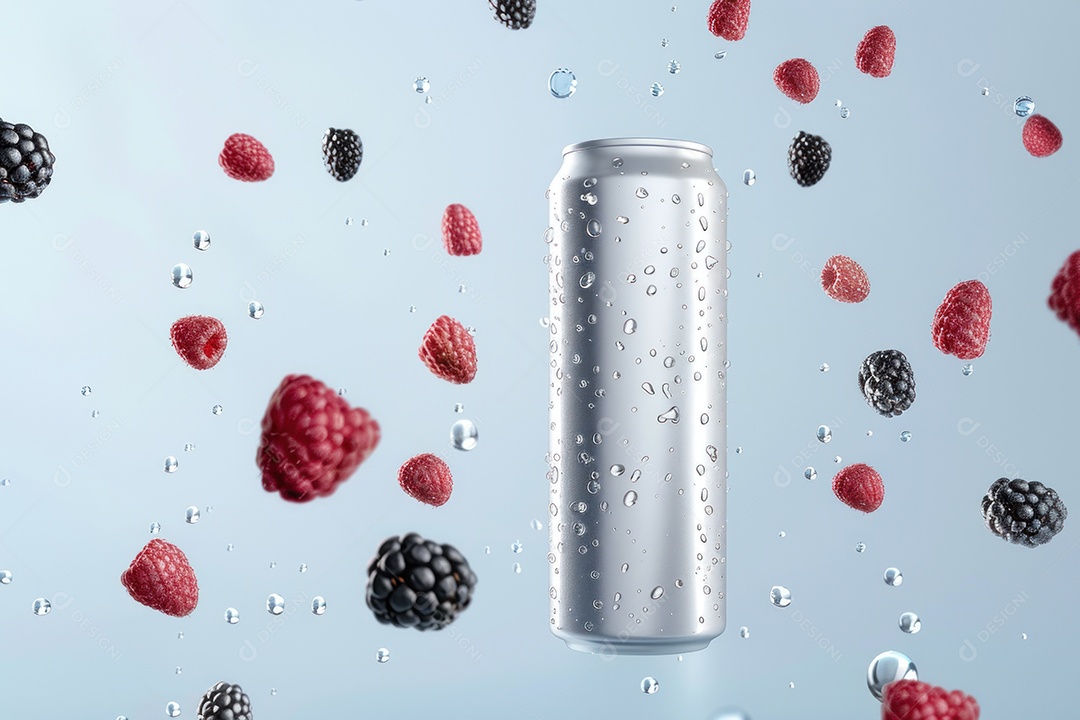 Maquete de uma lata de alumínio de bebida em água transparente com gelo e framboesas