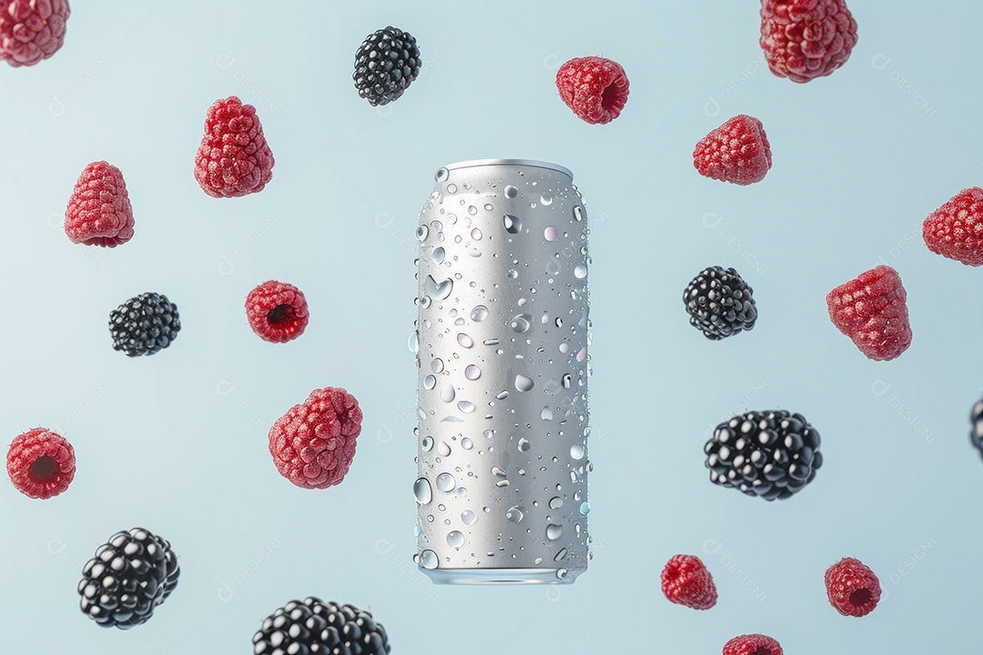Maquete de uma lata de alumínio de bebida em água transparente com gelo e framboesas