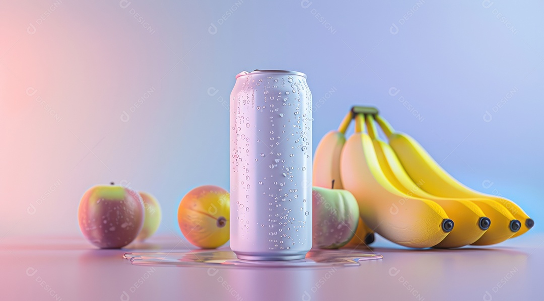 Lata de alumínio com desenho de frutos fundo isolado