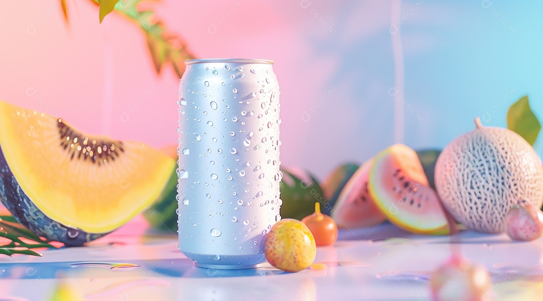 Lata de alumínio com desenho de frutos fundo isolado