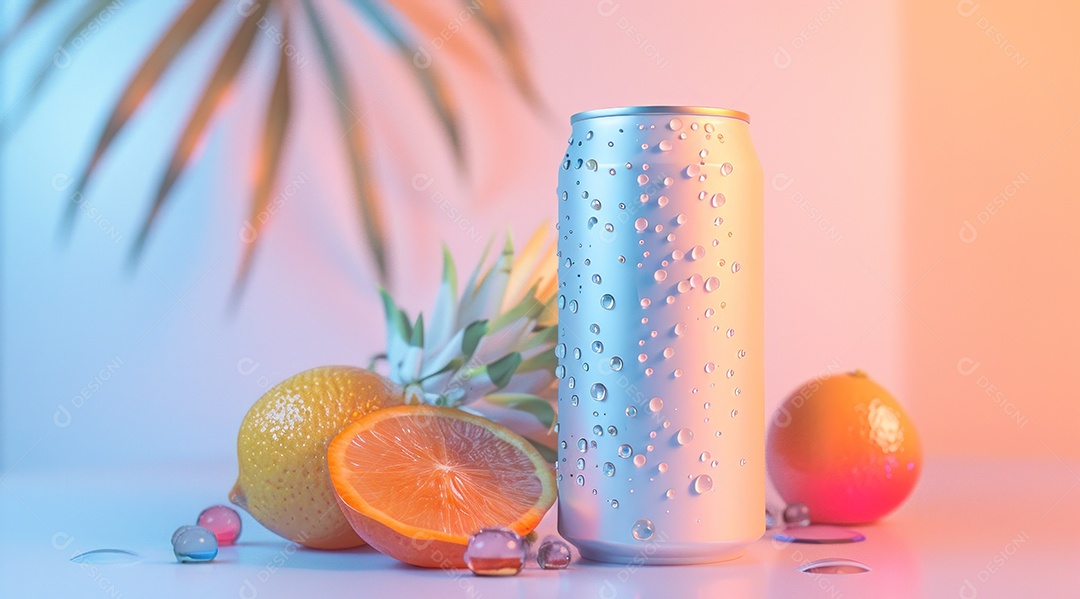 Lata de alumínio com desenho de frutos fundo isolado