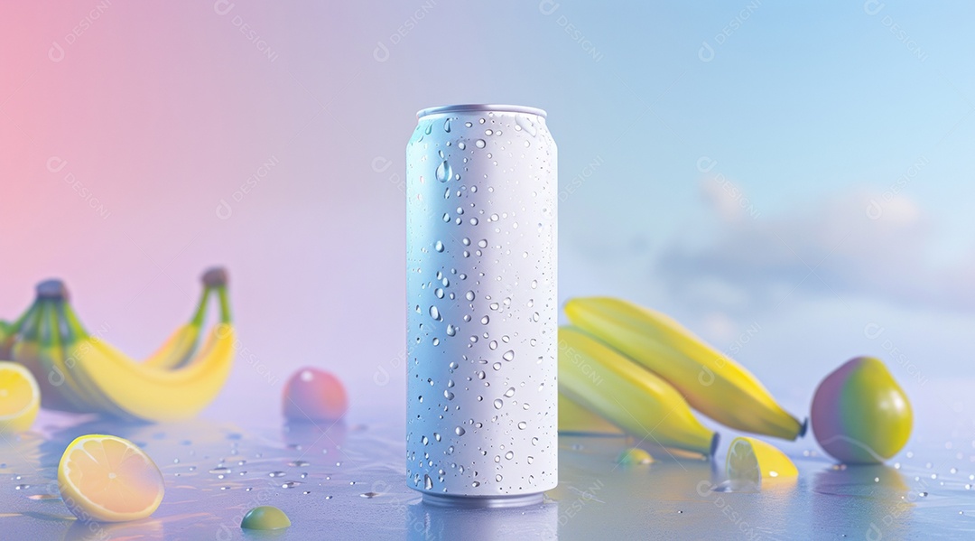 Lata de alumínio com desenho de frutos fundo isolado