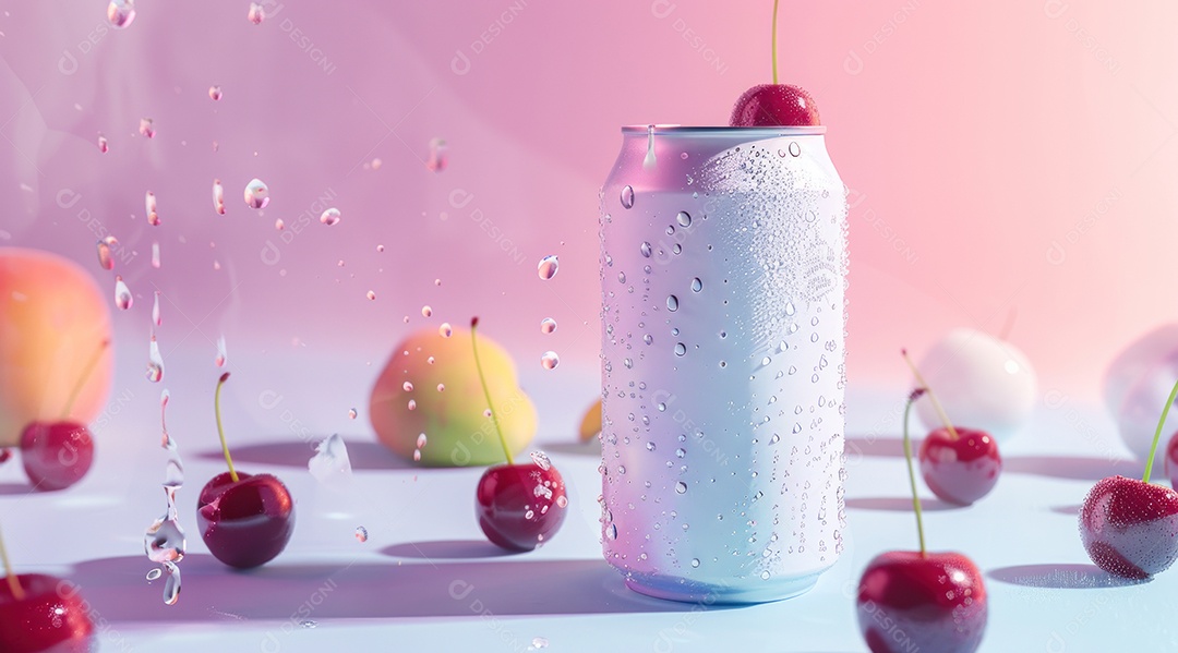 Lata de alumínio com desenho de frutos fundo isolado