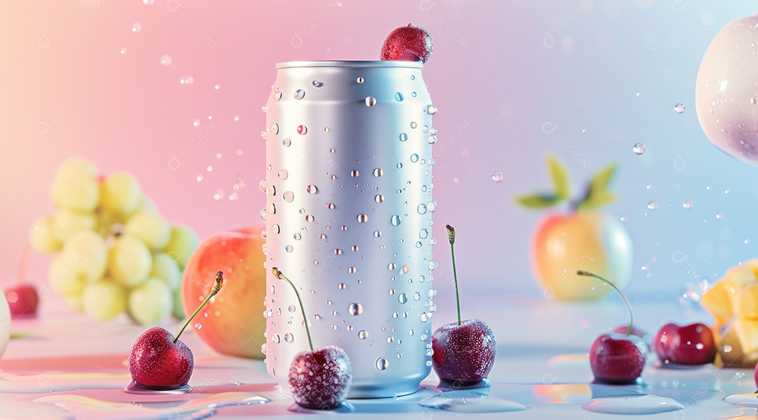 Lata de alumínio com desenho de frutos fundo isolado