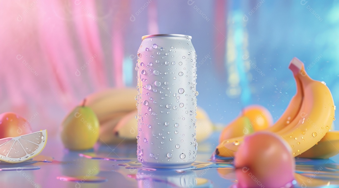 Lata de alumínio com desenho de frutos fundo isolado