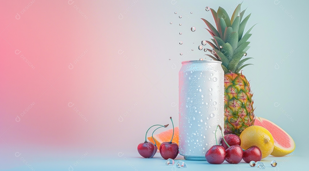 Lata de alumínio com desenho de frutos fundo isolado