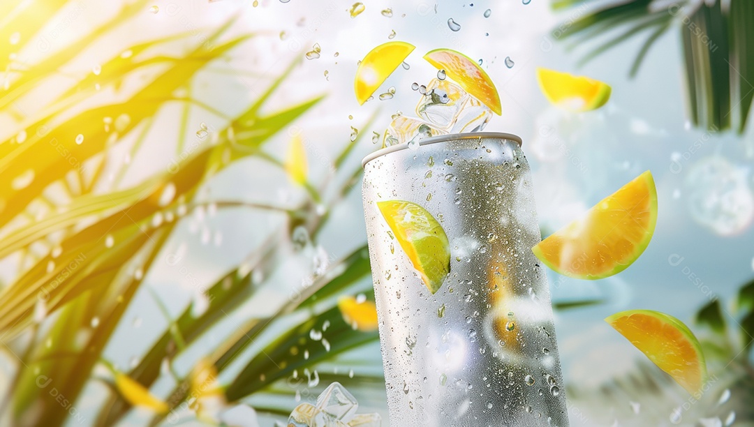 Lata de alumínio com desenho de frutos fundo isolado