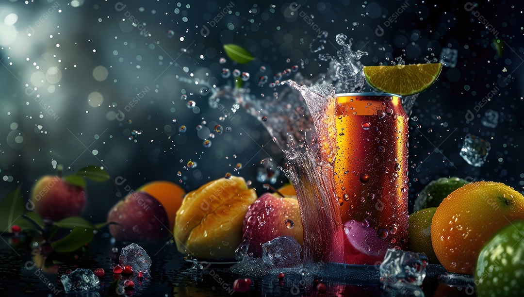 Lata de bebida com uma explosão de frutas e água ao fundo