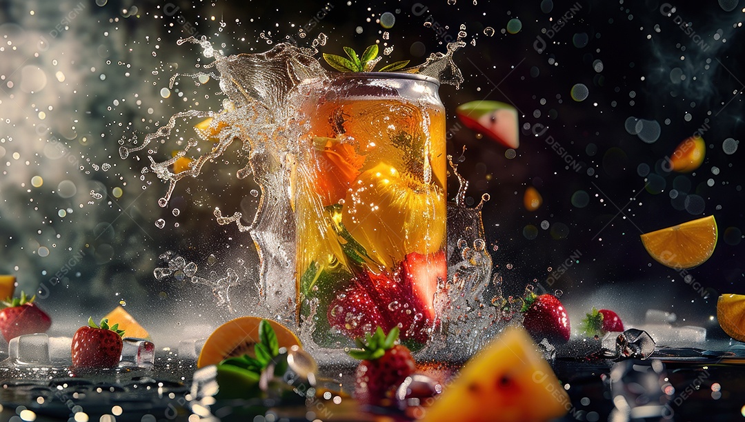Lata de bebida com uma explosão de frutas e água ao fundo