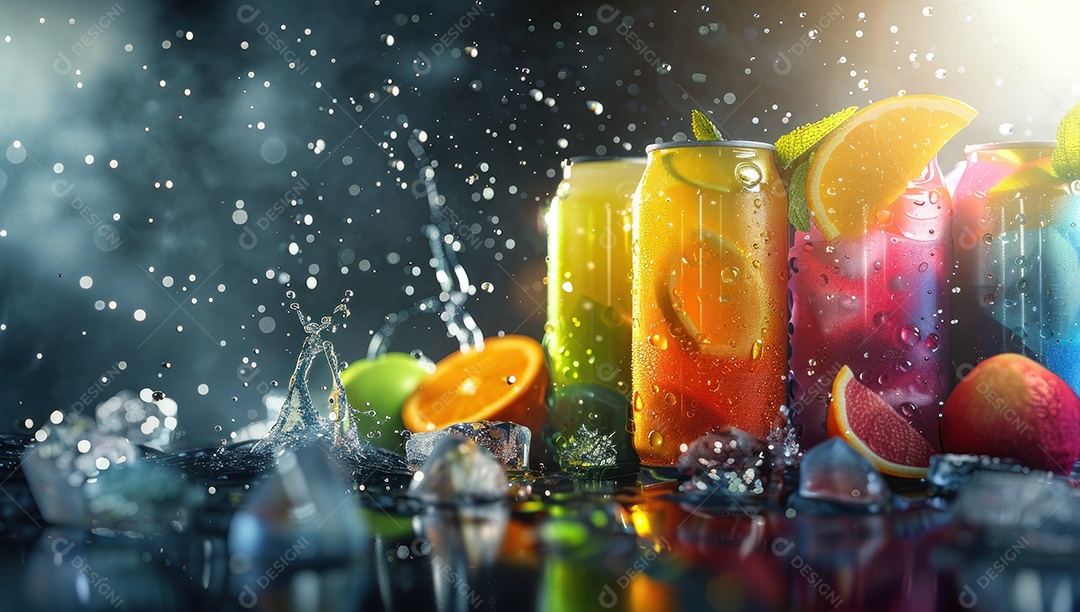 Lata de bebida com uma explosão de frutas e água ao fundo
